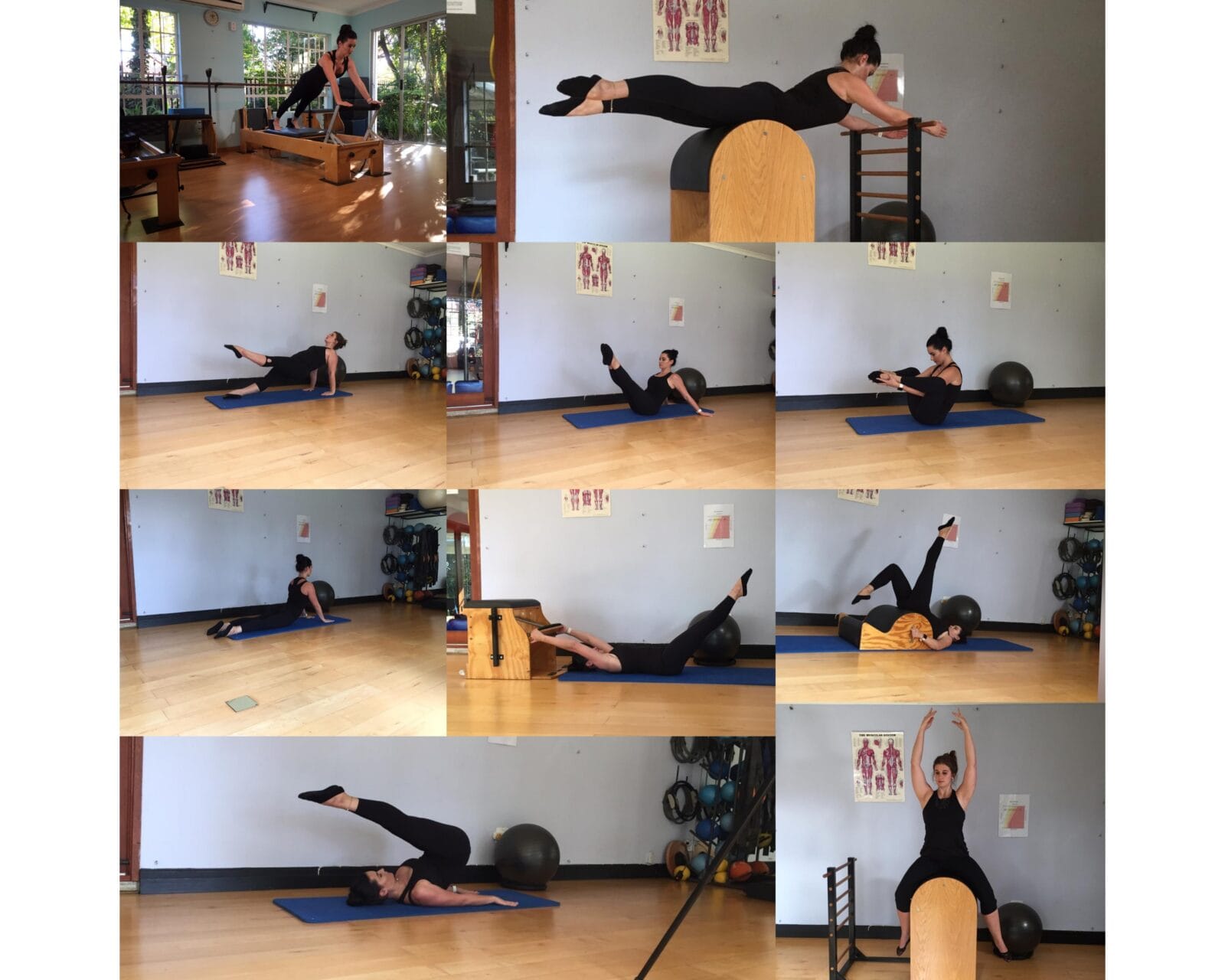 Woman demonstrating various Pilates mat and equipment exercises